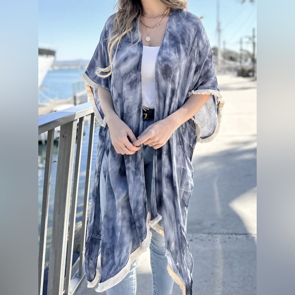 Blue-Gray Tie-Dye Kimono Cardigan Fringe Trim